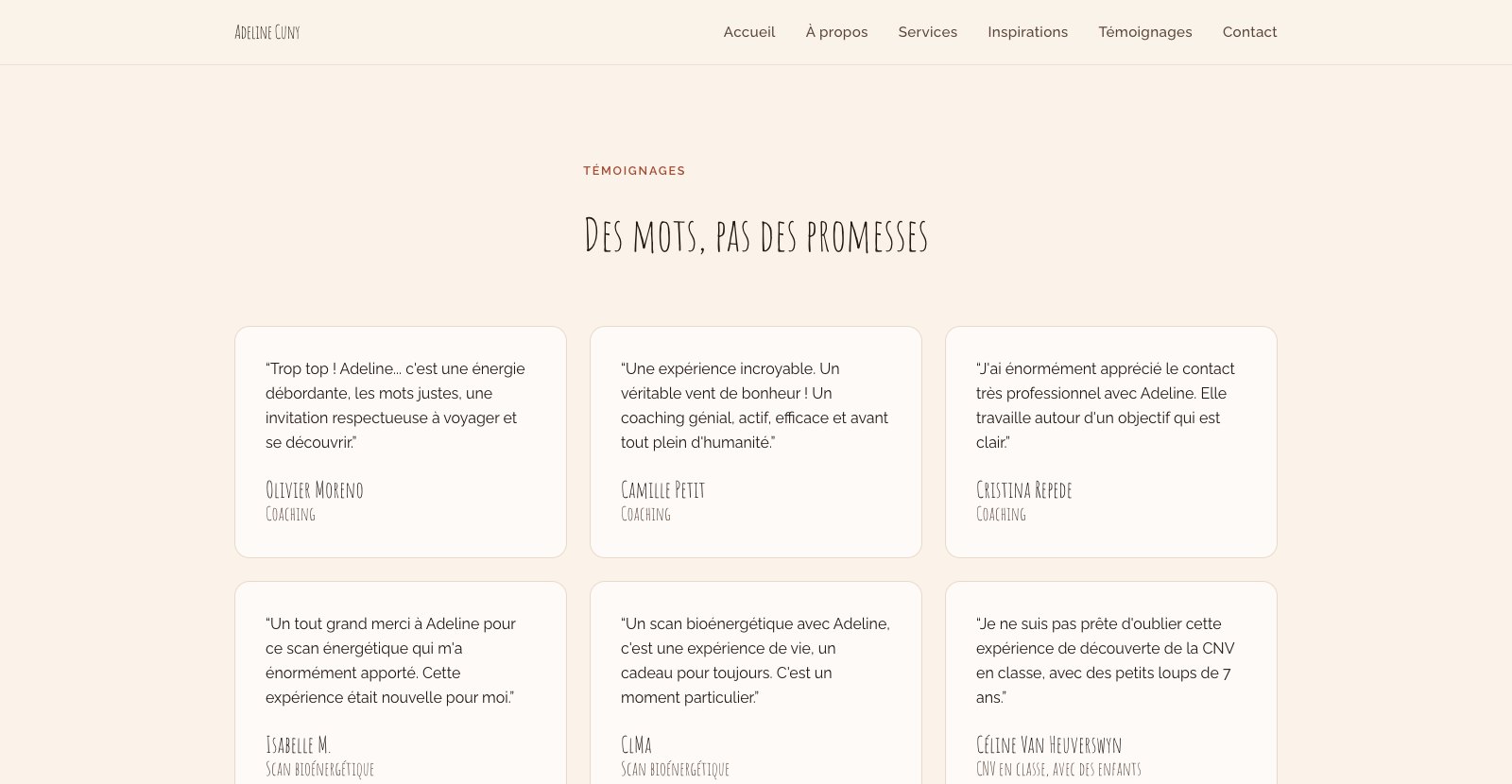 La page des témoignages du site d'Adeline Cuny